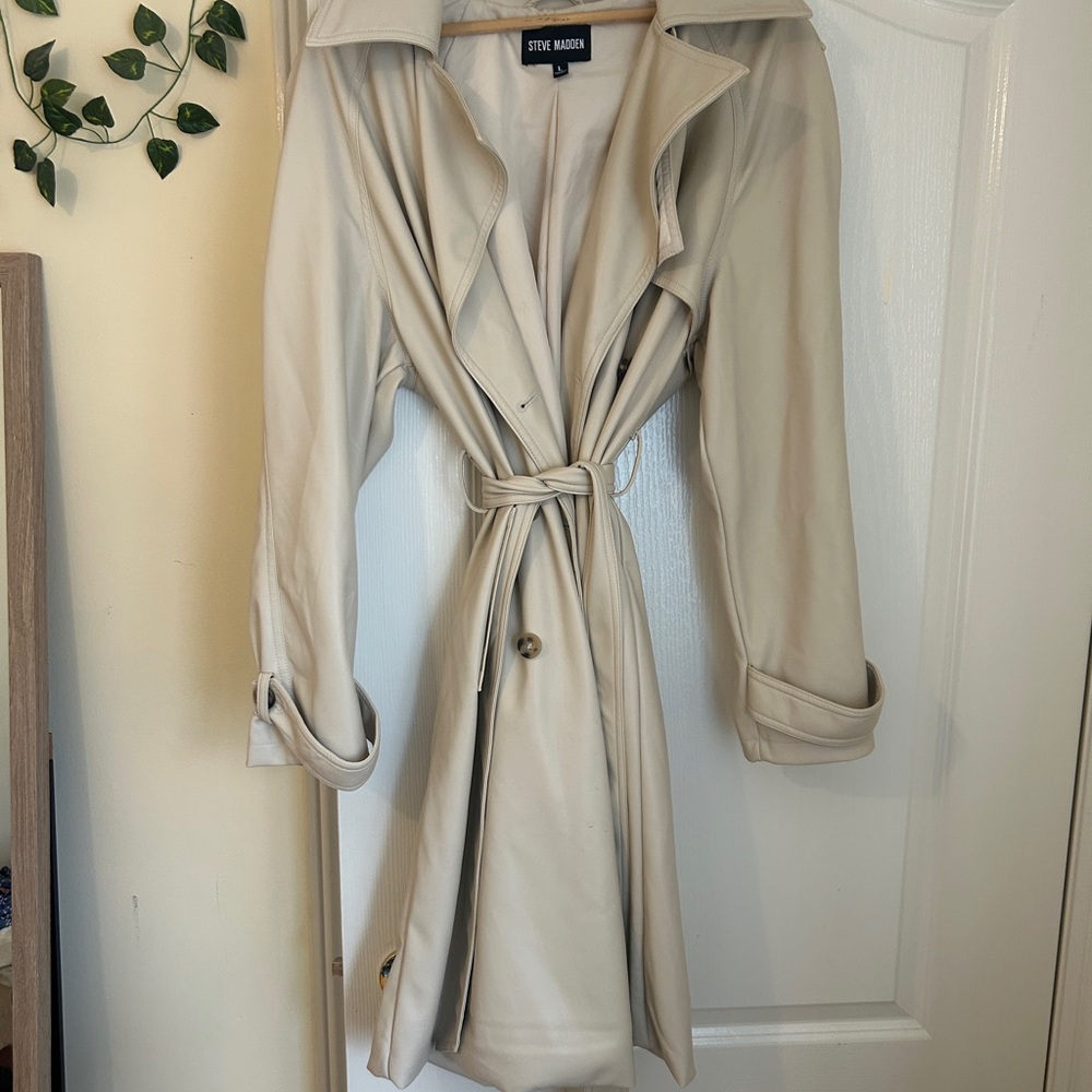 Steve Madden Light Cream Belted Trench Coat Faux Leather